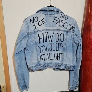 Women's Blue Denim Jacket with Statement Print